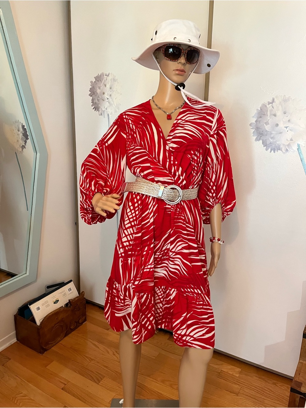 Joseph Ribkoff Red and White Palm-Print Midi Dress - Picture 7 of 11